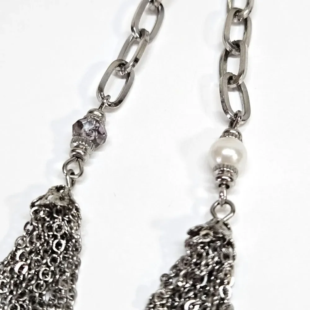 VINTAGE Premier Designs Silver Tone Beaded Tassel Long Chain Necklace